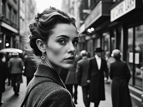 Portrait of a woman on the street in black and white
