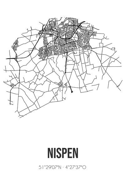 Nispen (North Brabant) | Map | Black and White by Prints of Place