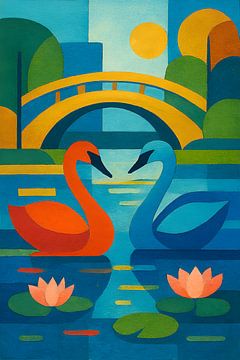 Swans in a beautiful park geometric illustration. by Gallery Hoppenbrouwers