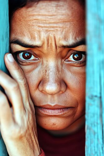 Angstige vrouw achter blauwe deur