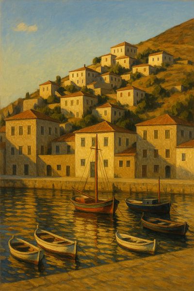 Hydra’s Serene Harbor – Golden Light on the Aegean Hillside by Travel Shop