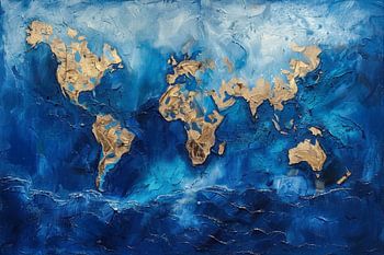 Wereldkaart Blauw Goud -  Moderne Abstracte Kunst