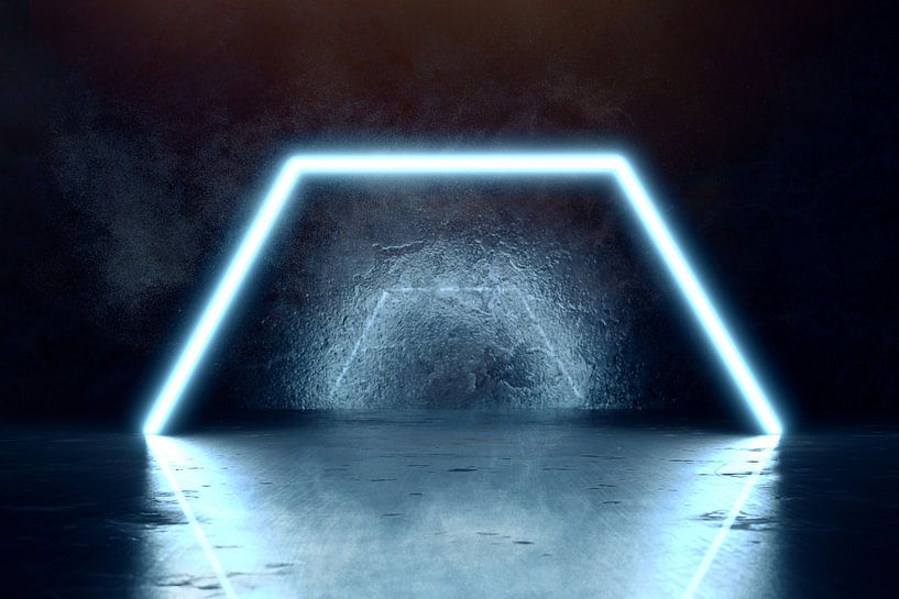 3d rendering of blue lighten hexagon and grunge wall background by Besa Art