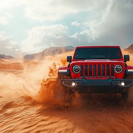 Jeep Wrangler rouge au coucher du soleil dans les dunes sur Jordan