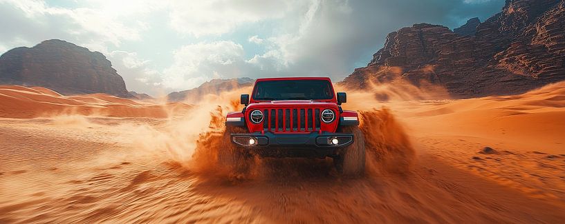 Roter Jeep Wrangler bei Sonnenuntergang in den Dünen von Lufy