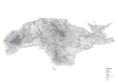Map of the Greek island of Samos. Black and white.