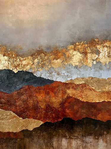 Aarde in lagen, moderne kunst met goud en terracotta