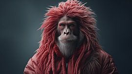 Japanisches Schneeaffen-Porträt aus nächster Nähe mit Schneeflocken-Hintergrund.