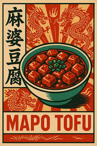 Pikante Mapo Tofu print - Retro stijl Aziatisch voedsel Illustratie