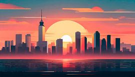 Retro stad met zonsondergang