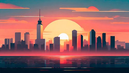 Retro stad met zonsondergang