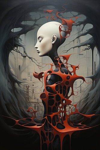 Digitaal creëerde bizarre surrealistische wereld met vrouw en landschap