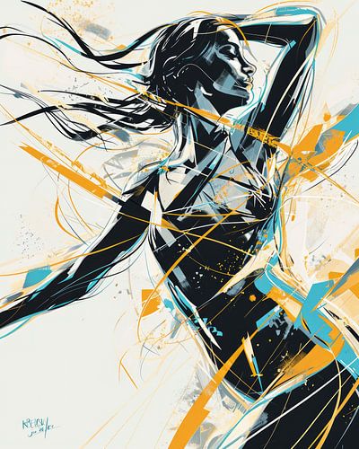 Portrait &quot ; Femme dynamique en bleu et ocre IV &quot ;