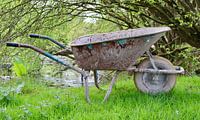 Oude Kruiwagen op fris gras bij water met bomen