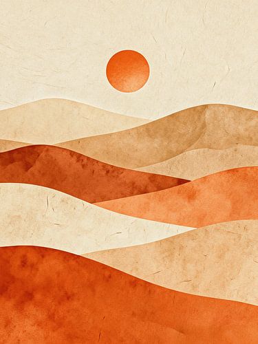 JAPANDI Terrakotta Desert Sun – Minimalistische abstrakte wellige Berglandschaft von Minggu Galeri