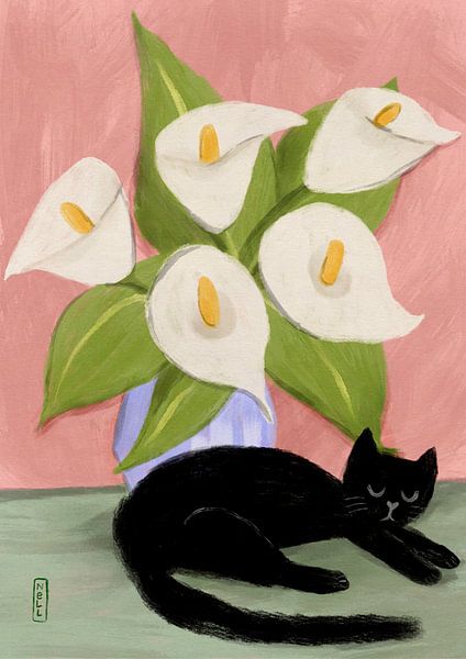 Lys dans un vase et chat noir - Nature morte illustrée par Dirkie Nell