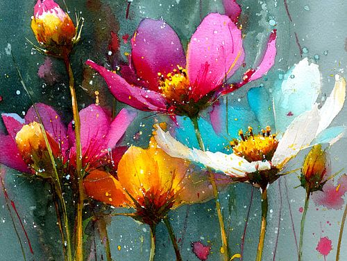 Cosmosbloemen in levendige aquarel