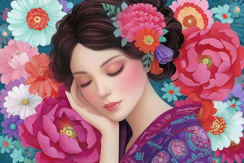 schilderacgtig Japan vrouw met bloemen