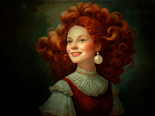 Portrait of a Girl with a Pearl Earring and Lush Red Hair
