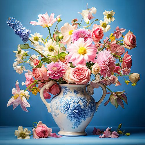 Pastelkleurig romantisch bloemen boeket tegen blauwe achtergrond