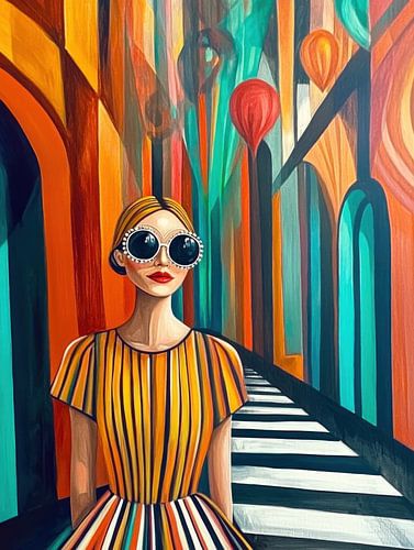 vrouw met gestreepte jurk in Portugal