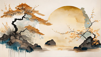 Zen | Asian mountain landscape with moon and cherry blossom in gold