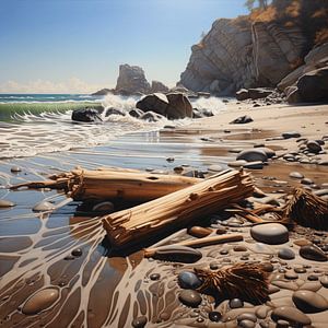 Strand Treibholz Kieselsteine Sand Wellen Gischt Meer Küste