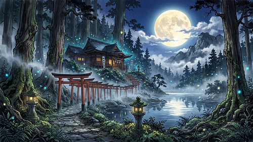 Moonlit Torii Path Through Enchanted Japanese Forest