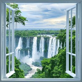 Wasserfall-Landschaft durchs Fenster von Poster Art Shop
