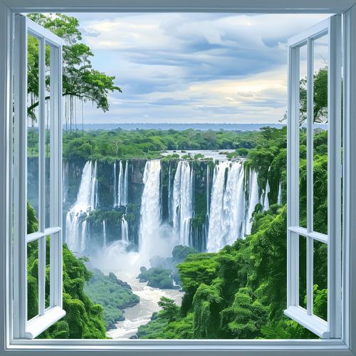 Waterval landschap door het raam