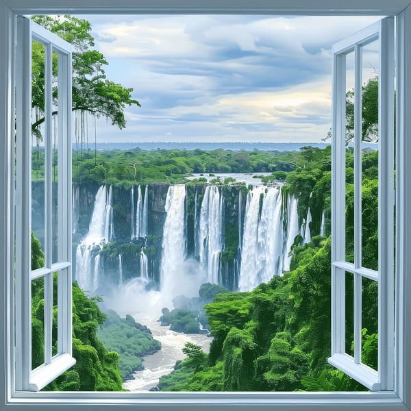 Waterfall landscape through the window by Poster Art Shop