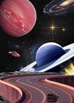 das Auto fährt in Richtung Weltraum