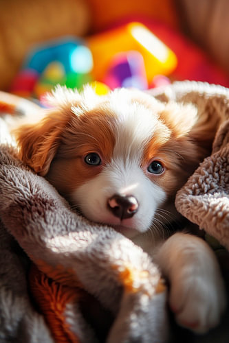 Cute puppy cuddled up in bed by Poster Art Shop
