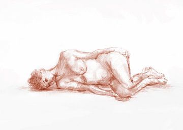 Schets liggend naakt vrouw terra bruin van Krista Kitsz Art