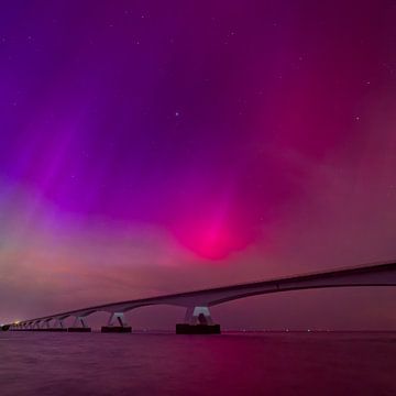 Staande foto van de Zeelandbrug met Nooderlicht (magenta en rood) van Lennart Verheuvel