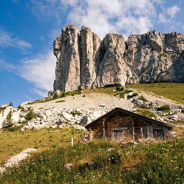 Houten schuur onder steile rotswand in de Zwitserse Alpen van Steven Van Aerschot