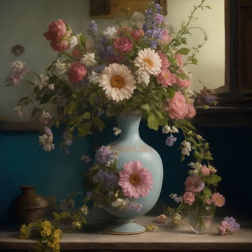 Stilleven van een oude vaas met pastel bloemen in de Rembrandt style.
