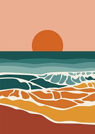 Küstenlandschaften bei Sonnenuntergang mit abstrakten Wellen, kräftigen Farbblöcken und stilisierten Küstenlinien. Minimalistisches Retro-Poster mit Naturmotiven in flachen Farben
