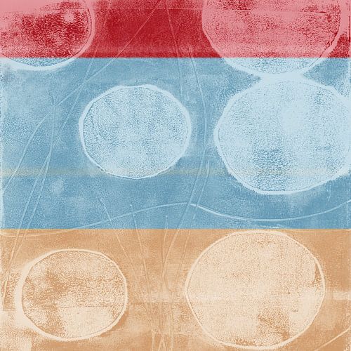 Art abstrait mixte. Formes en bleu clair, sable, rouge et blanc.