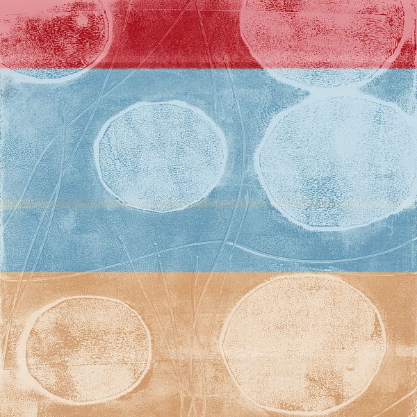 Abstract mixed media art. Shapes in light blue, sand, red and white. by Dina Dankers