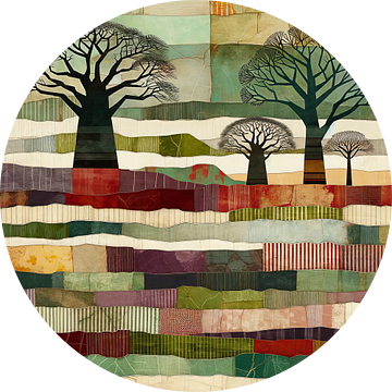Collage 3 bomen in een groen-rood lapjesdeken-landschap van Lois Diallo