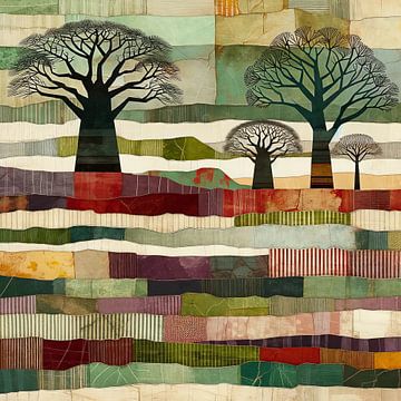 Collage 3 arbres dans un paysage de patchwork vert-rouge sur Lois Diallo