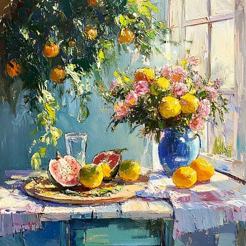 Zomers stilleven met bloemen en citrusvruchten van Vlindertuin-Art