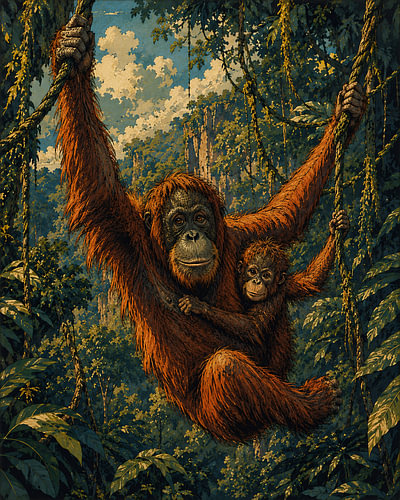 Orang-oetanmoeder en -kind boven de verloren jungle