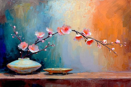 Nature morte minimaliste et pleine d'ambiance avec des fleurs roses et un vase bas sur Studio Pieternel