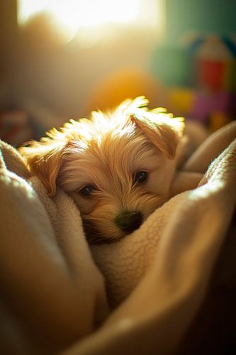 Sleeping puppy in fluffy blanket
