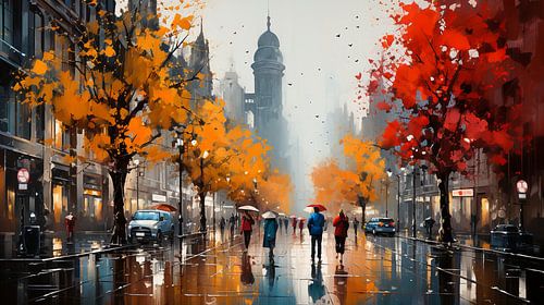 abstract painting in the rainy autumn city