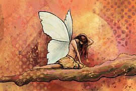 Fantasy art in fiery colours red orange pink and yellow - fairy on a branch by Emiel de Lange