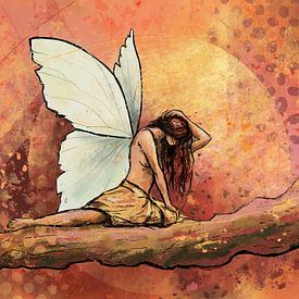 Fantasy art in fiery colours red orange pink and yellow - fairy on a branch by Emiel de Lange