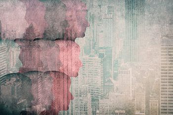 Illustratie, silhouetten van hoofden en stad